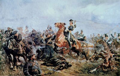 Painting by John Charlton of Captain Morgan riding Sir Briggs at the Russian Guns