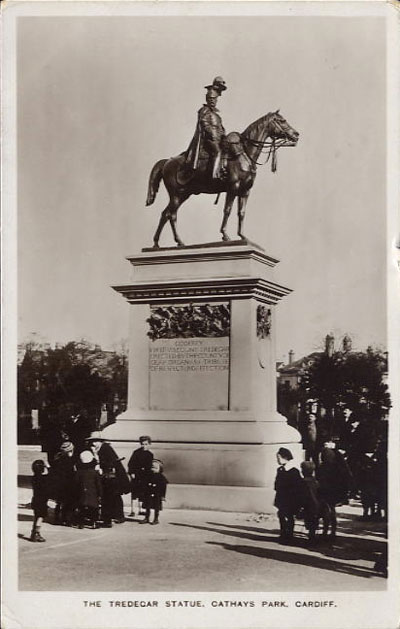 Postcard of statue of Godfrey, First Viscount Tredegar, Cathays Park, Cardiff