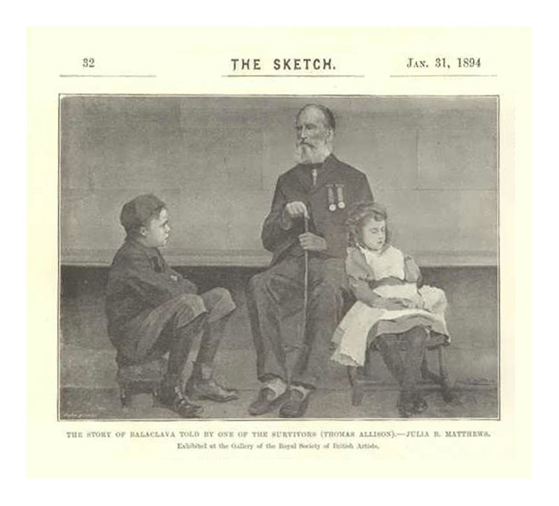 The story of Balaclava told by one of the survivors (Thomas Allison [sic])  Julia B Matthews, Exhibited at the gallery of the Royal Society of British Artists, as shown in <i>The Sketch</i>, 31st of January, 1894, p.32. Click to enlarge.