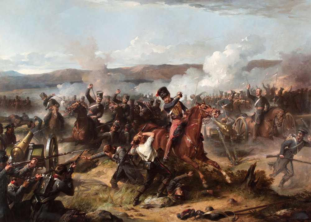 Painting of Cardigan at the guns, by Thomas Jones Barker