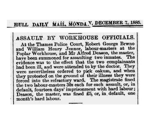 In 1886, Alfred Deason was fined &pound;5 for an assault on two sick inmates. Click to enlarge.