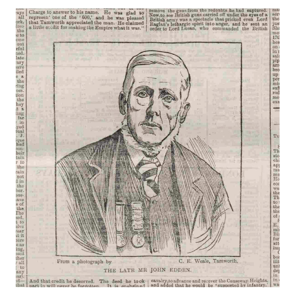 Line portrait of The Late John Edden in the Tamworth Herald</i>, 22nd of October 1898. Click to enlarge.