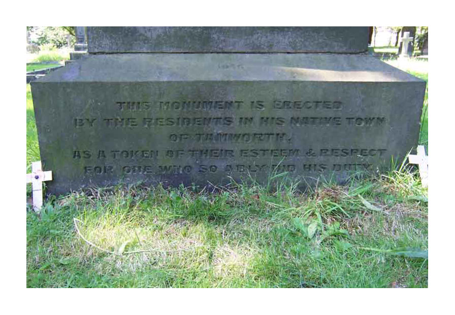 John Edden memorial obelisk in Wigginton Road Cemetery, Tamworth. Click to enlarge.