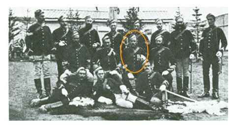 Sergeant-Major Joseph Francis [Lane], circled, with a group of NCOs, Fort Walsh 1879. Click to enlarge.
