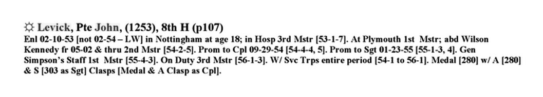 Laurence Crider, entry for 1253 John Levick, 8th Hussars