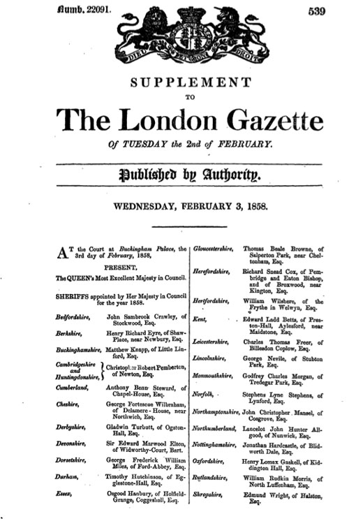 London Gazette, 3rd of February 1858, announcing Godfrey Morgan's appointment as Sheriff of Monmouthshire