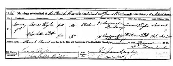 Marriage certificate for James Pegler and Charlotte Pitt, 1869. Click to enlarge.
