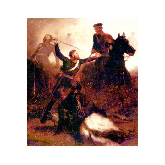 Samuel Parkes saving the life of Trumpeter Crawford. Painting. Click to enlarge.