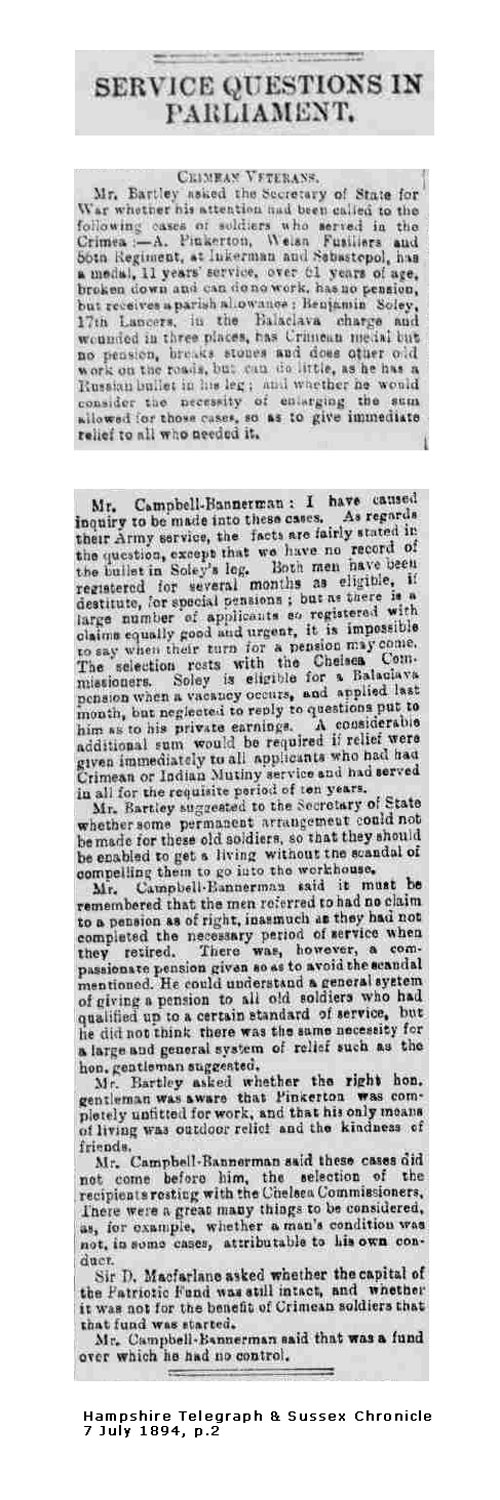 Benjamin Soley, 17th Lancers, Parliamentary Question 1894