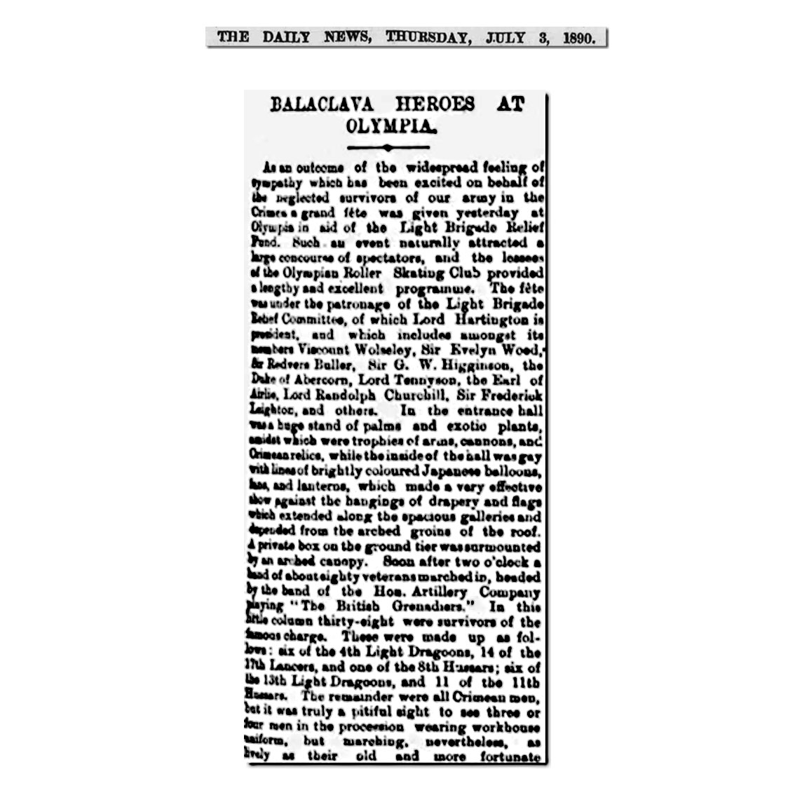 Daily News, 3 July 1890: Balaclava Heroes at Olympia