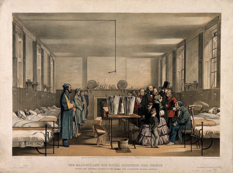 John Tenniel: Queen Victoria and Prince Albert visiting soldiers wounded in the Crimean War, at Brompton Hospital, Chatham. Coloured lithograph by J.A. Verner, 1855.