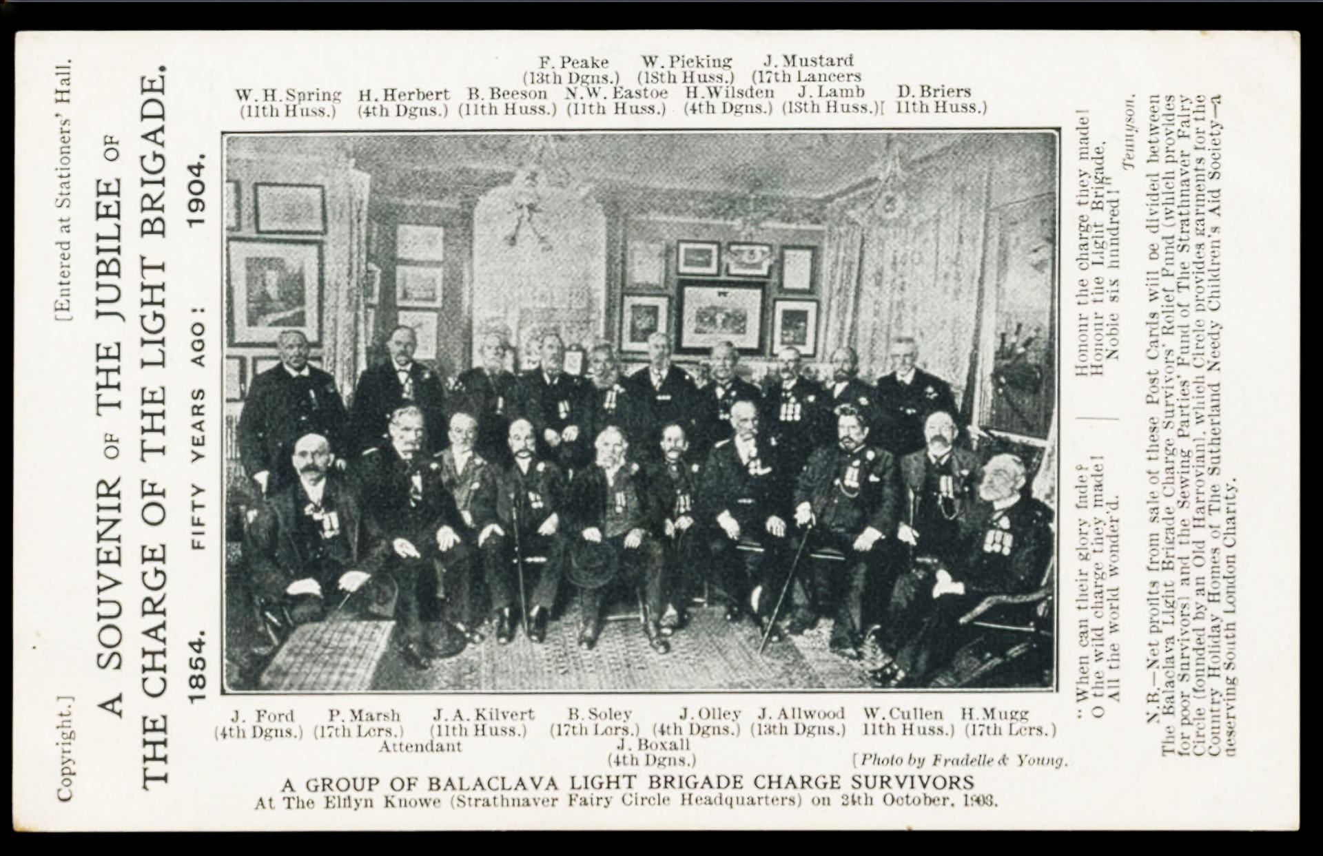 A Souvenir of the Jubilee of the Charge of the Light Brigade, 1904 -- souvenir postcard showing a group of Balaclava Light Brigade Charge survivors at the Elflyn Knowe, 24th October 1903